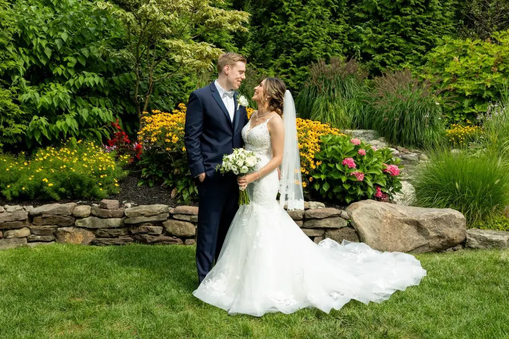 Bride and groom outside at Mansion at Mountain Lakes in NJ