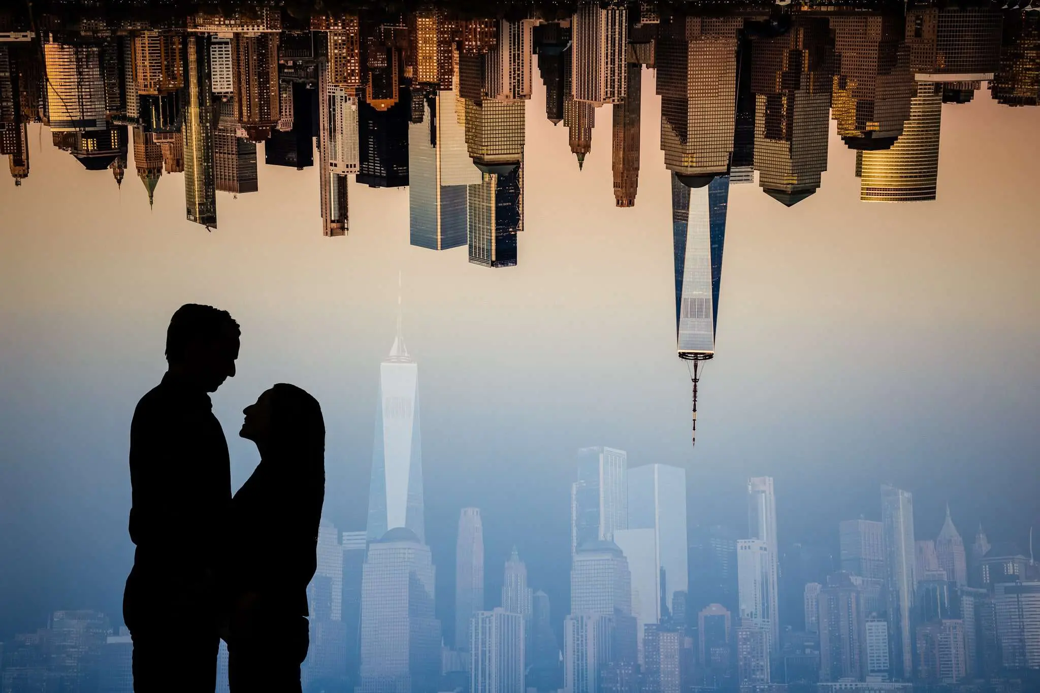 Bride and groom engagement shoot with NY skyline