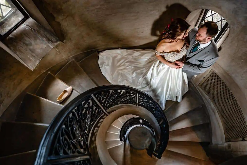 Bride and groom on stairs