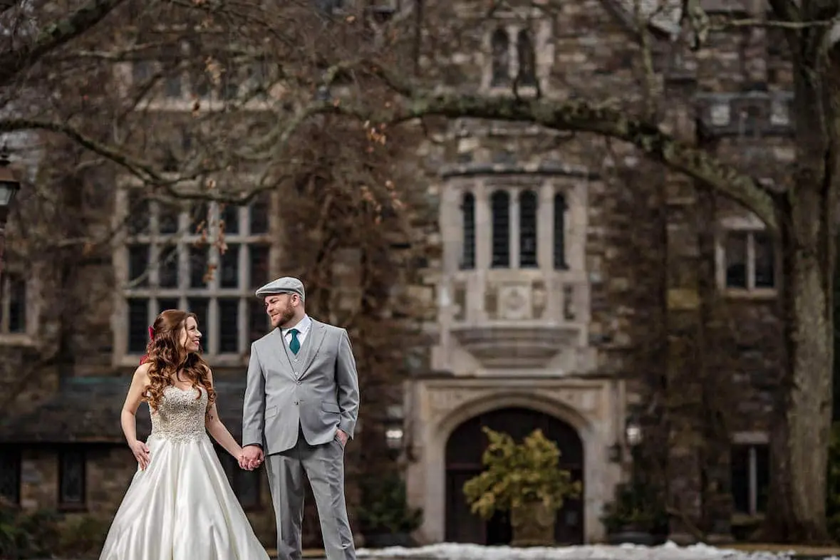 Bride and groom at Skylands Manor castle