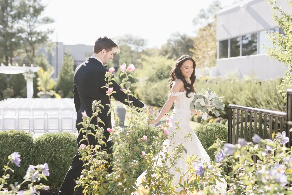Bride and groom in garden