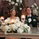 Bride and groom laughing