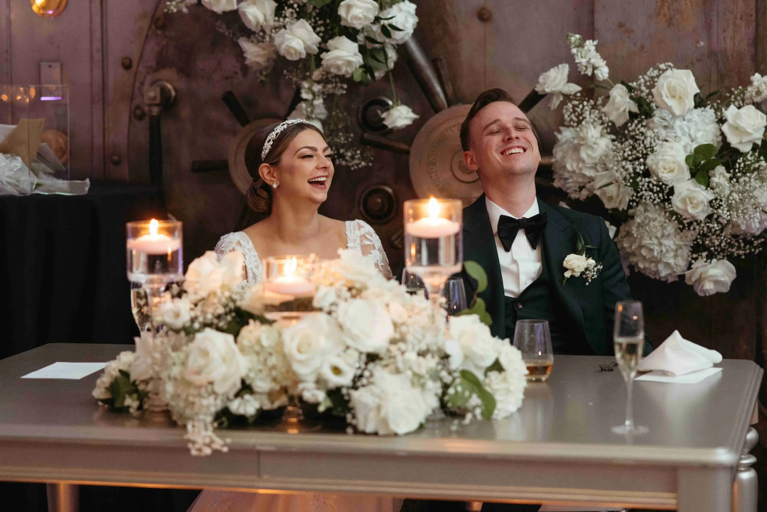 Bride and groom laughing