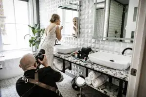 Wedding photographer Daniel Nydick shooting a bride at the Logan Inn in New Hope, PA.