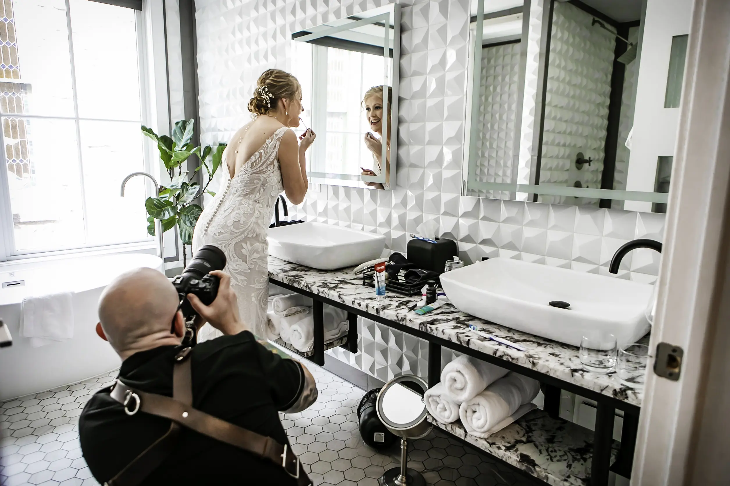 Wedding photographer Daniel Nydick shooting a bride at the Logan Inn in New Hope, PA.