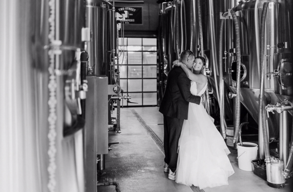 Bride and groom at MudHen Brewing wedding in Wildwood, NJ